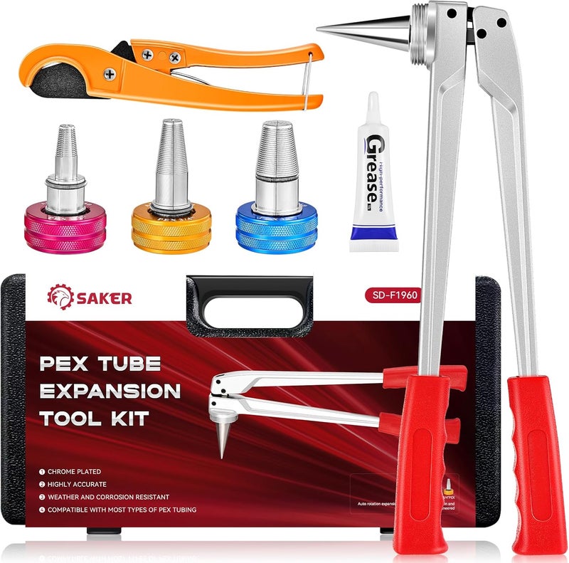 Saker PEX Tube Expansion Tool Kit | PEX-A Expansion Tool with 1/2'', 3/4'',1'' Expansion Heads | Mannual Expander Tool Kit SD-F1960 Standard PEX Coupling - Image 1